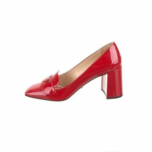 Prada Red Patent Leather Square Toe Logo Plaque Mary Jane Pump